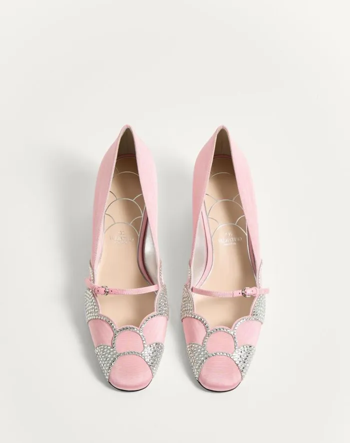 Valentino Pumps Woman Bowow Pumps In Moir Fabric With Crystals 45mm For Woman In Blacksilver Blacksilver Valentino Pumps Woman Bowow Pumps In Moir Fabric With Crystals 45mm For Woman In Blacksilver Blacksilver