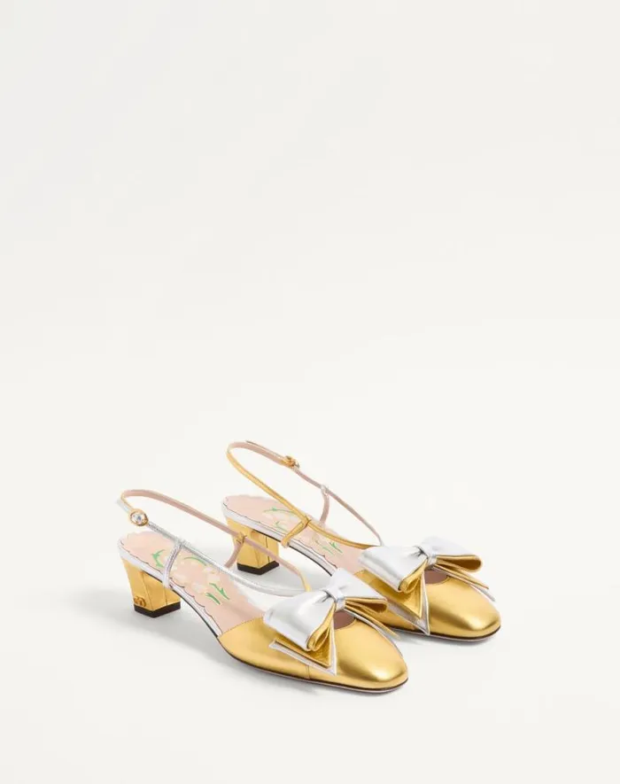 Valentino Pumps Woman Bowow Slingback Pumps In Laminated Nappa 45mm For Woman In Goldsilver Goldsilver Valentino Pumps Woman Bowow Slingback Pumps In Laminated Nappa 45mm For Woman In Goldsilver Goldsilver