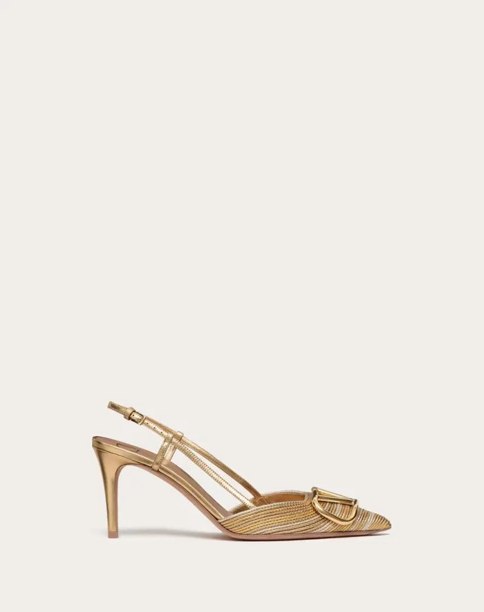 Valentino Pumps Woman Vlogo Signature Metallic Slingback Pumps With Cornely Embroidery 80mm For Woman In Gold Gold Valentino Pumps Woman Vlogo Signature Metallic Slingback Pumps With Cornely Embroidery 80mm For Woman In Gold Gold