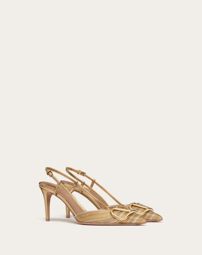 Valentino Pumps Woman Vlogo Signature Metallic Slingback Pumps With Cornely Embroidery 80mm For Woman In Gold Gold Valentino Pumps Woman Vlogo Signature Metallic Slingback Pumps With Cornely Embroidery 80mm For Woman In Gold Gold