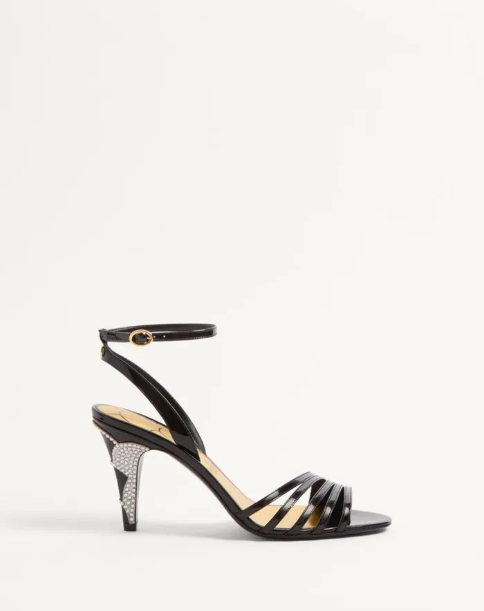 Valentino Sandals Woman Ladycrush Patent Leather Sandal With Crystals 85mm For Woman In Blacksilver Blacksilver Valentino Sandals Woman Ladycrush Patent Leather Sandal With Crystals 85mm For Woman In Blacksilver Blacksilver