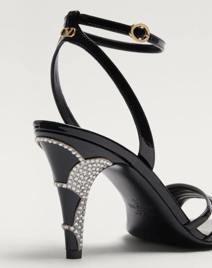Valentino Sandals Woman Ladycrush Patent Leather Sandal With Crystals 85mm For Woman In Blacksilver Blacksilver Valentino Sandals Woman Ladycrush Patent Leather Sandal With Crystals 85mm For Woman In Blacksilver Blacksilver