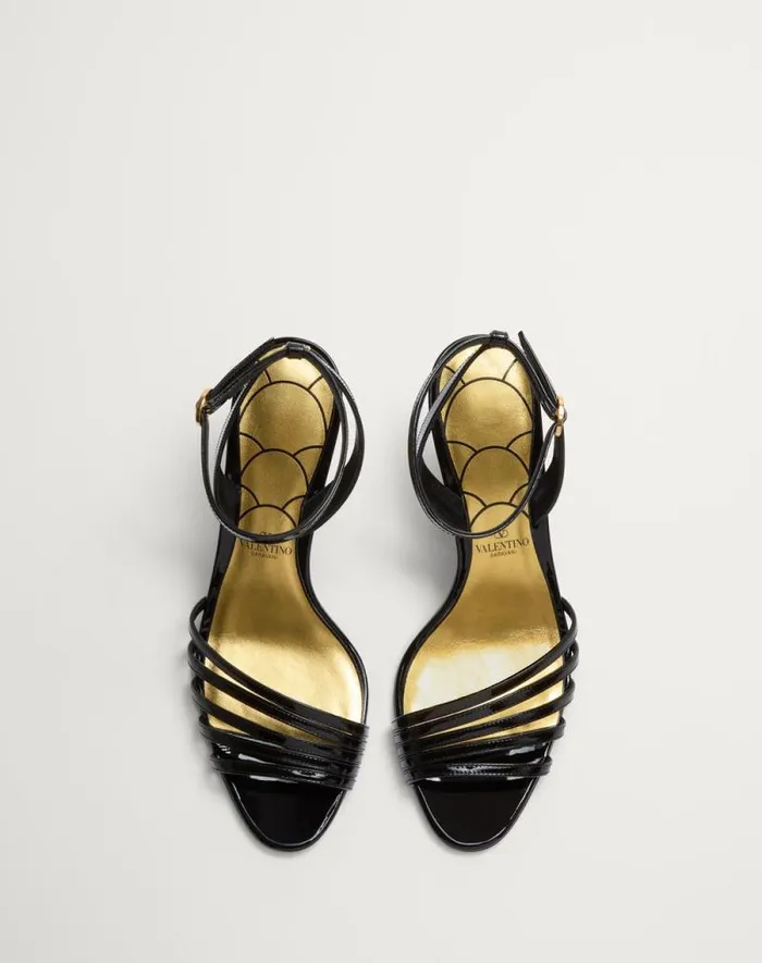 Valentino Sandals Woman Ladycrush Patent Leather Sandal With Crystals 85mm For Woman In Blacksilver Blacksilver Valentino Sandals Woman Ladycrush Patent Leather Sandal With Crystals 85mm For Woman In Blacksilver Blacksilver