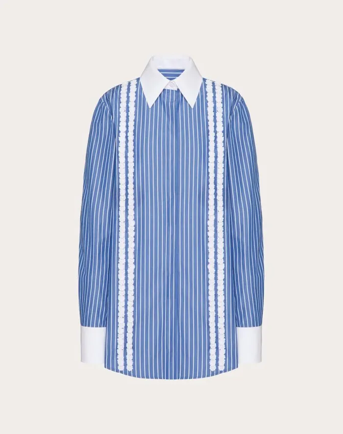 Valentino Shirts And Tops Woman Embroidered Contrails Popeline Shirt For Woman In Light Bluewhite Light Bluewhite