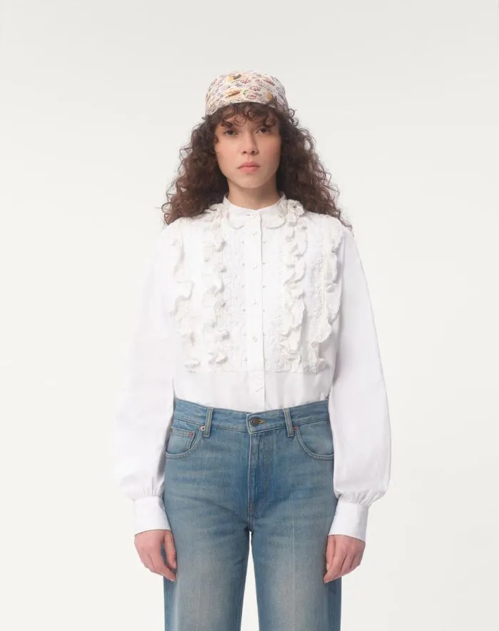 Valentino Shirts And Tops Woman Embroidered Cotton And Linen Top For Woman In White White Valentino Shirts And Tops Woman Embroidered Cotton And Linen Top For Woman In White White