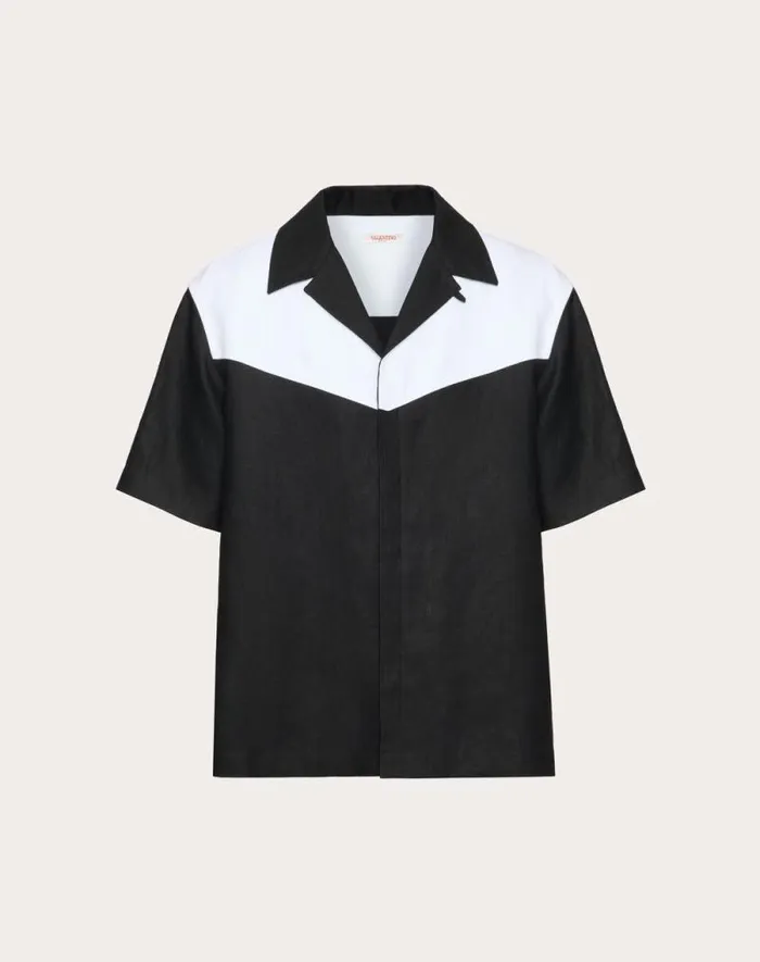 Valentino Shirts Man Linen Bowling Shirt For Man In Black Black