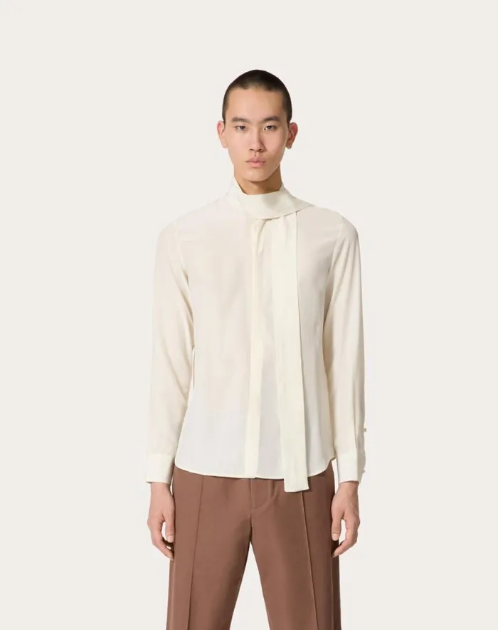 Valentino Shirts Man Silk Shirt With Scarf Detail At Neck For Man In Ivory Ivory