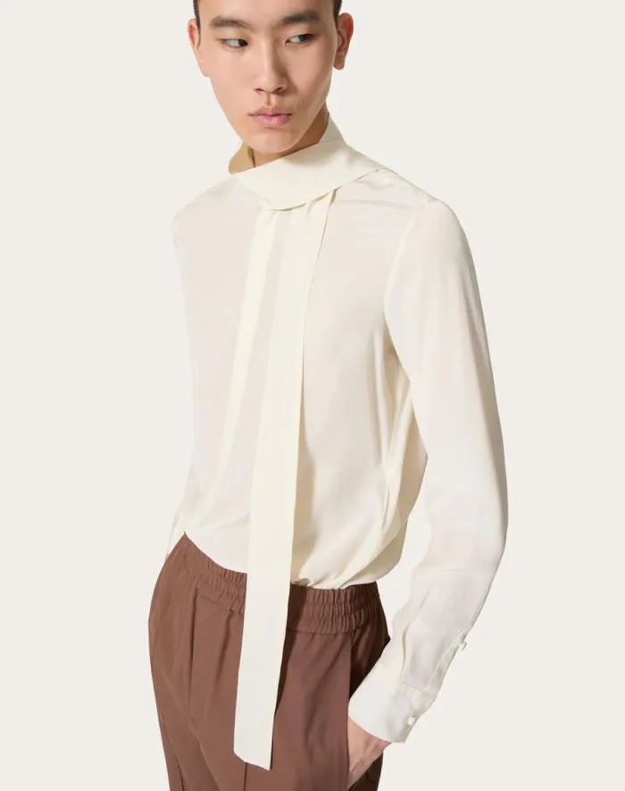 Valentino Shirts Man Silk Shirt With Scarf Detail At Neck For Man In Ivory Ivory
