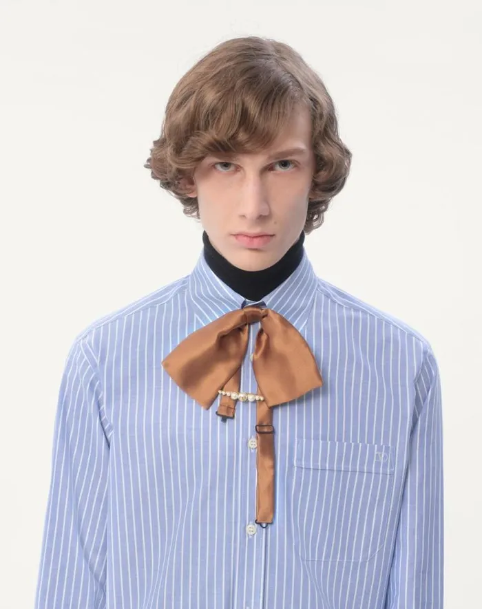 Valentino Shirts Man Vlogo Embroidered Cotton Shirt For Man In Whiteazure Whiteazure
