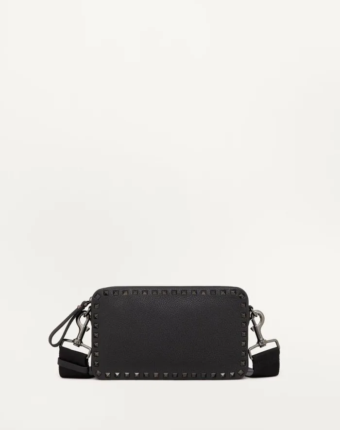 Valentino Shoulder Bags Man Rockstud Grainy Calfskin Crossbody Bag For Man In Black Black Valentino Shoulder Bags Man Rockstud Grainy Calfskin Crossbody Bag For Man In Black Black