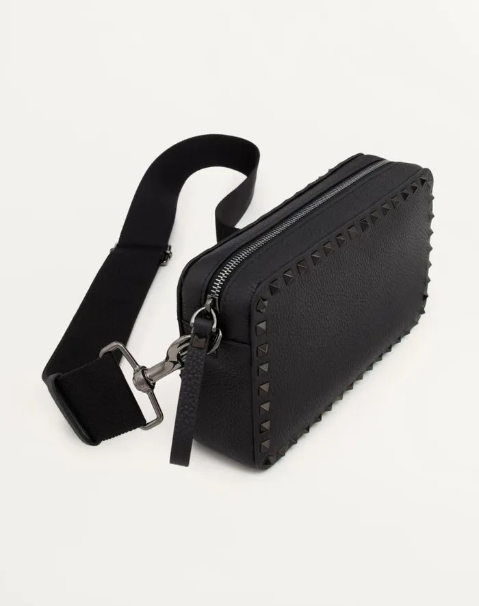 Valentino Shoulder Bags Man Rockstud Grainy Calfskin Crossbody Bag For Man In Black Black Valentino Shoulder Bags Man Rockstud Grainy Calfskin Crossbody Bag For Man In Black Black