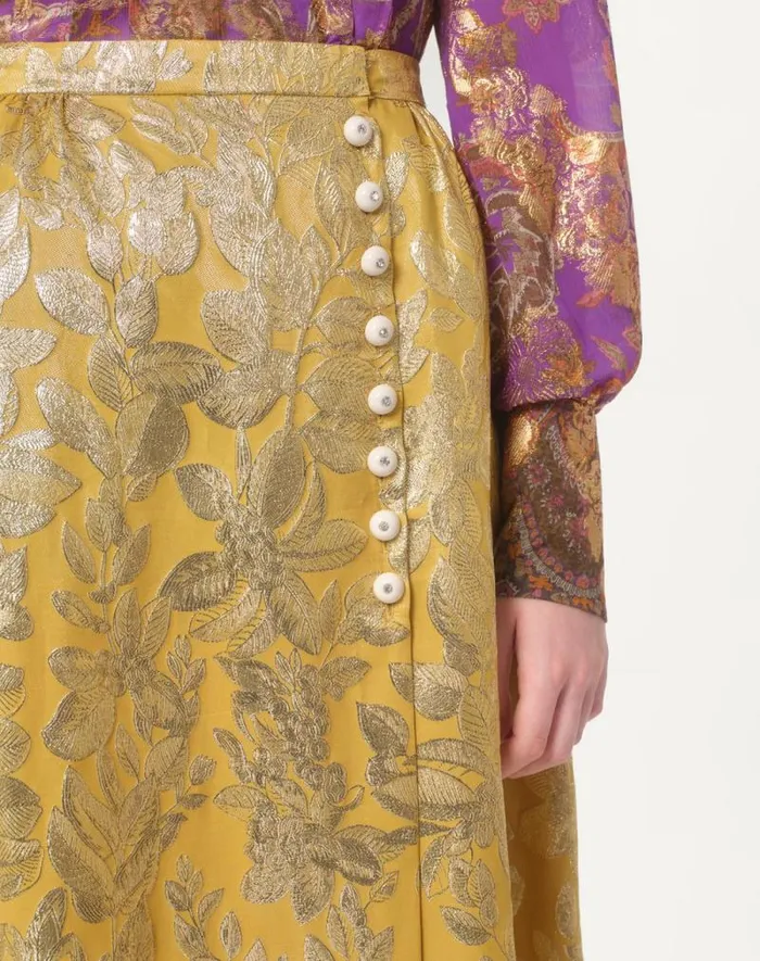 Valentino Skirts Woman Skirt In Apres L039hiver Silk Lurex Foglioline For Woman In Ochre Ochre Valentino Skirts Woman Skirt In Apres L039hiver Silk Lurex Foglioline For Woman In Ochre Ochre