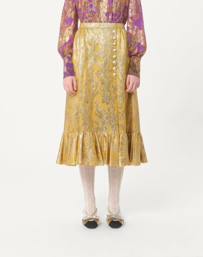 Valentino Skirts Woman Skirt In Apres L039hiver Silk Lurex Foglioline For Woman In Ochre Ochre Valentino Skirts Woman Skirt In Apres L039hiver Silk Lurex Foglioline For Woman In Ochre Ochre