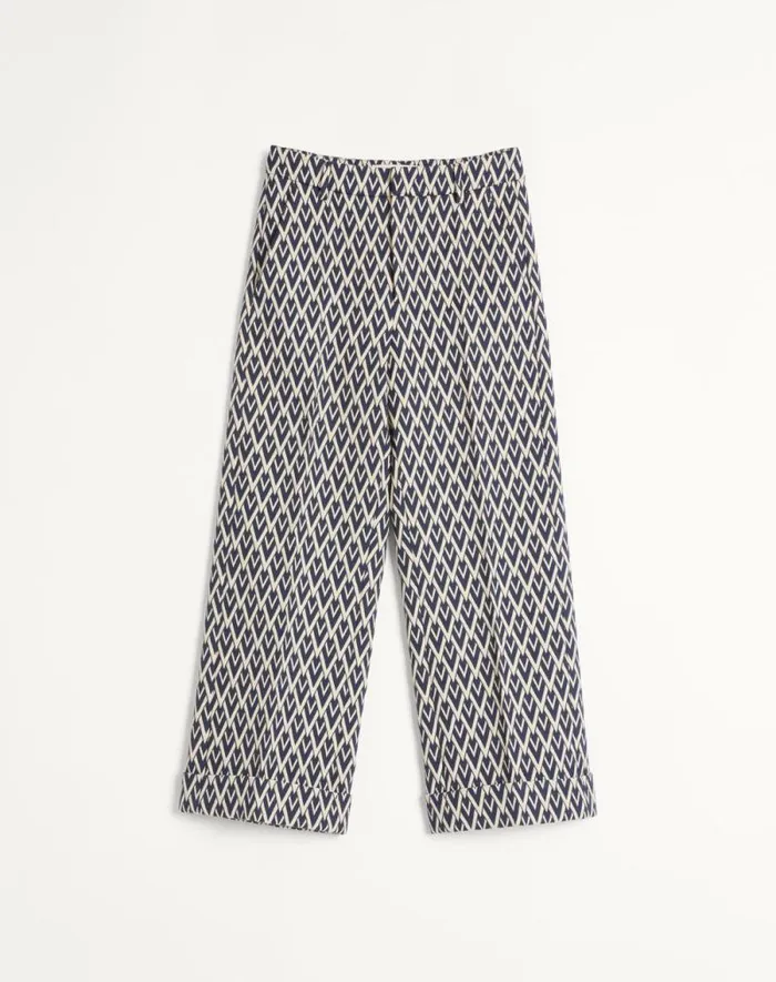 Valentino Suits Man Wool Pants With Cuffs With Toute La V Jacquard Pattern For Man In Nightcream Nightcream