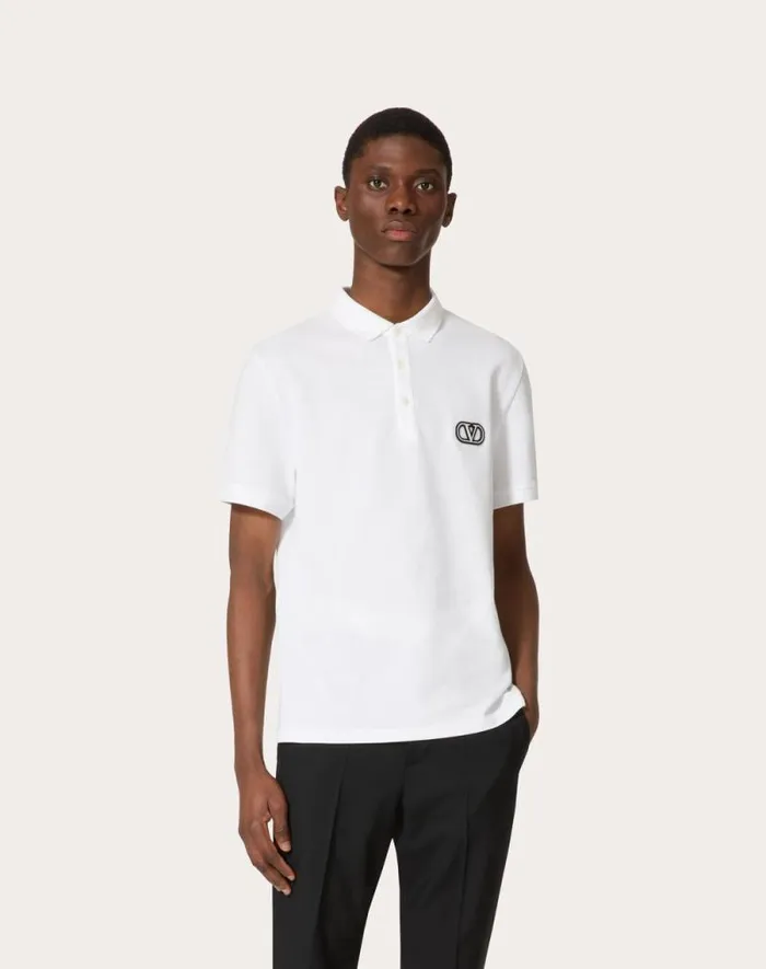 Valentino Tshirts And Sweatshirts Man Cotton Piqu Polo Shirt With Vlogo Signature Patch For Man In White White