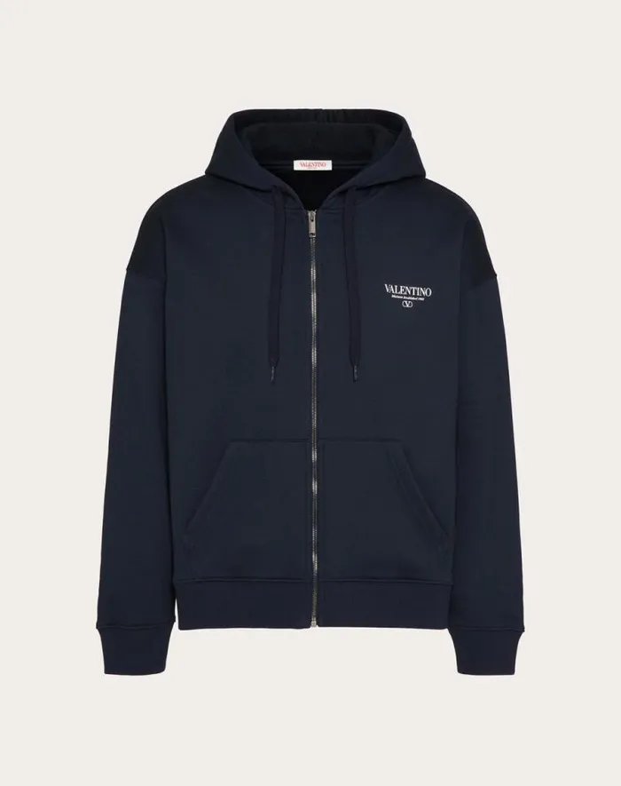 Valentino Tshirts And Sweatshirts Man Cotton Sweatshirt With Hood Zipper And Valentino Print For Man In Navywhite Navywhite
