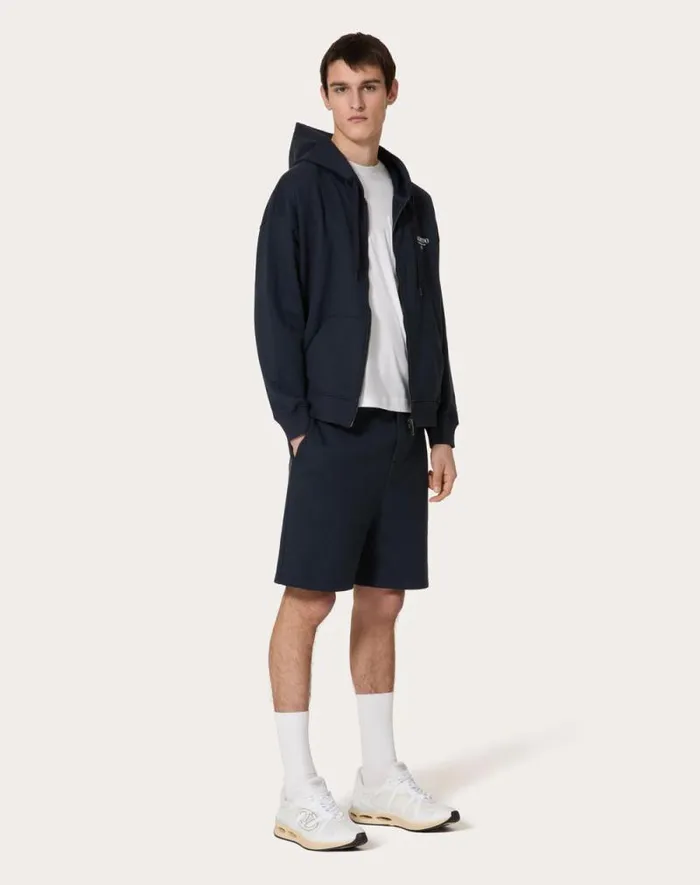 Valentino Tshirts And Sweatshirts Man Cotton Sweatshirt With Hood Zipper And Valentino Print For Man In Navywhite Navywhite