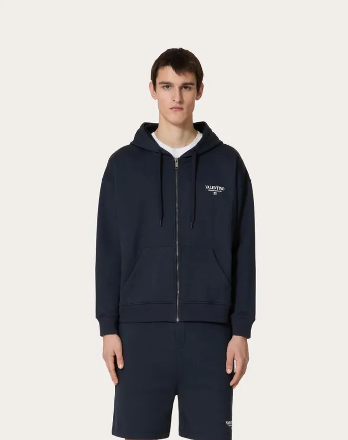 Valentino Tshirts And Sweatshirts Man Cotton Sweatshirt With Hood Zipper And Valentino Print For Man In Navywhite Navywhite