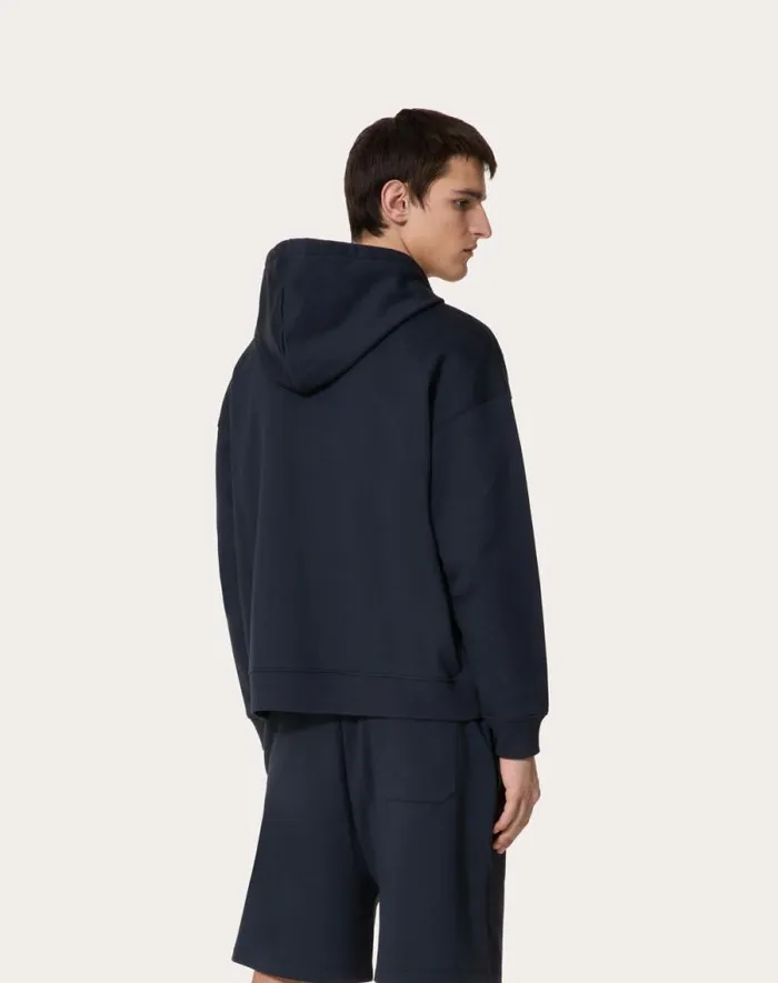 Valentino Tshirts And Sweatshirts Man Cotton Sweatshirt With Hood Zipper And Valentino Print For Man In Navywhite Navywhite