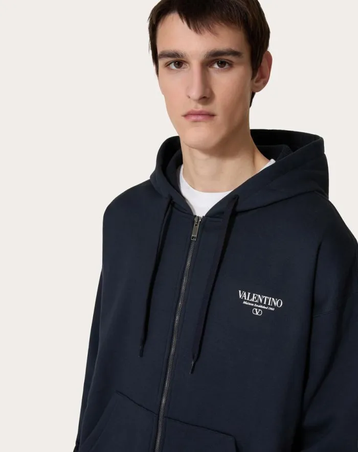 Valentino Tshirts And Sweatshirts Man Cotton Sweatshirt With Hood Zipper And Valentino Print For Man In Navywhite Navywhite