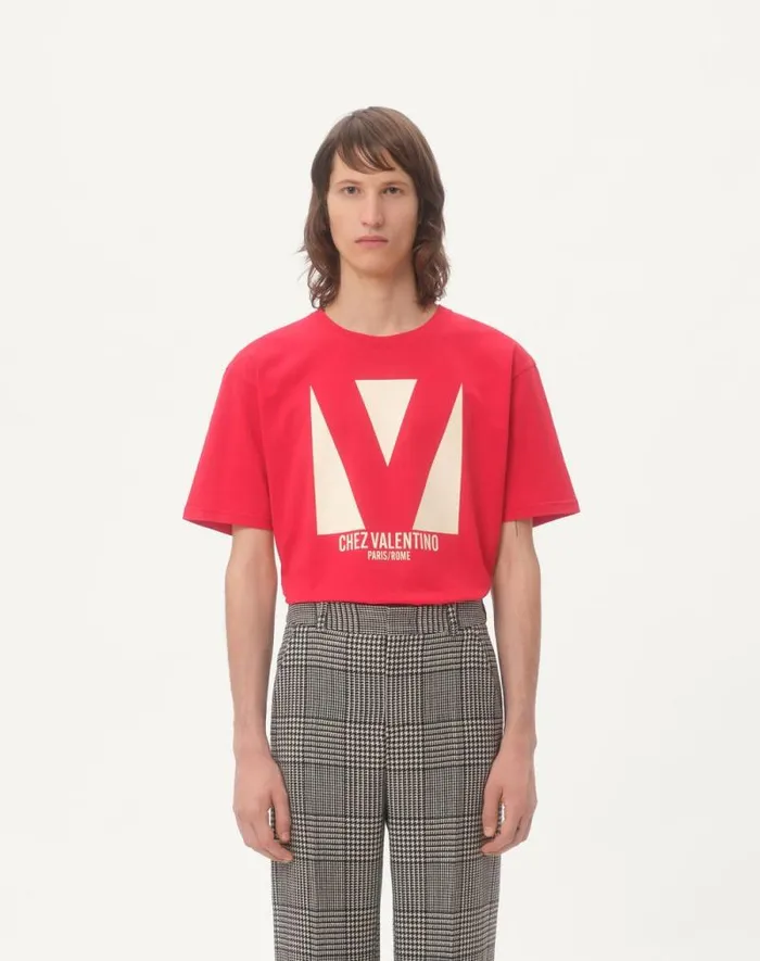 Valentino Tshirts And Sweatshirts Man Cotton Tshirt With Chez Valentino Print For Man In Red Red Valentino Tshirts And Sweatshirts Man Cotton Tshirt With Chez Valentino Print For Man In Red Red
