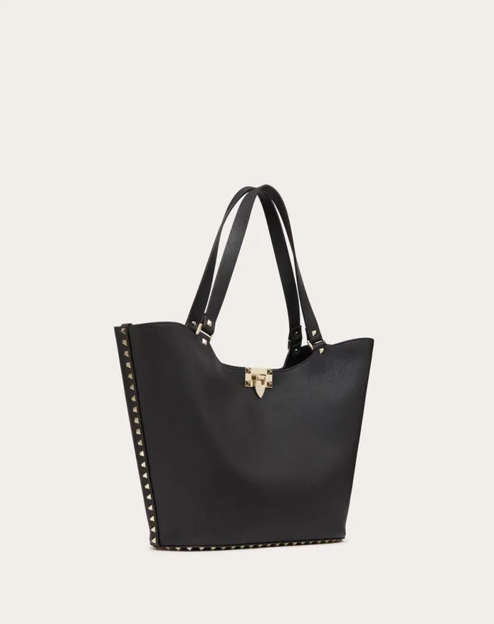 Valentino Totes Woman Valentino Garavani Rockstud Shopping Bag In Grainy Calfskin For Woman In Almond Almond