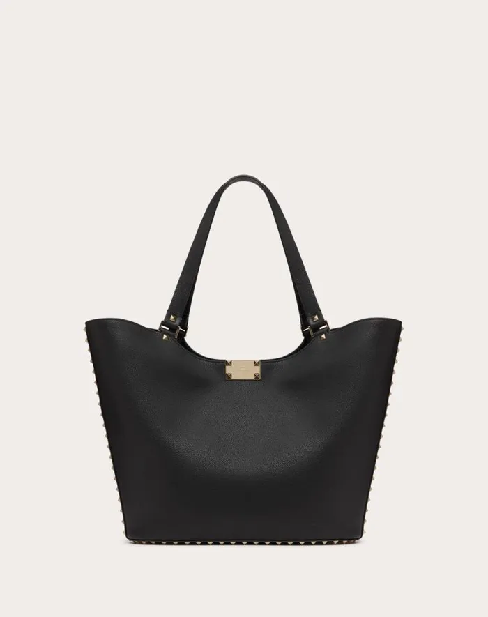 Valentino Totes Woman Valentino Garavani Rockstud Shopping Bag In Grainy Calfskin For Woman In Almond Almond