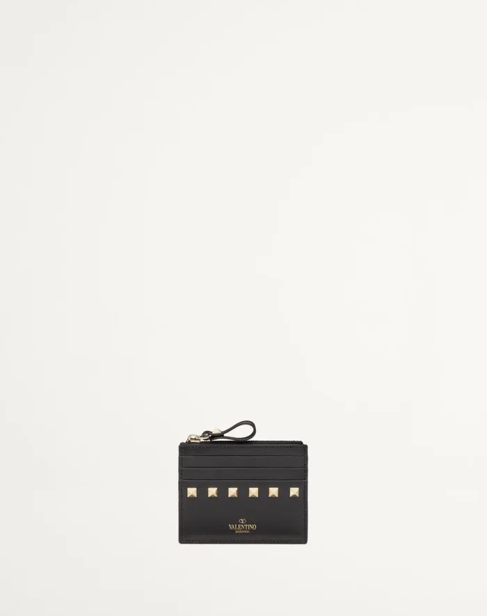 Valentino Wallets And Small Leather Goods Woman Rockstud Calfskin Cardholder With Zipper For Woman In Poudre Poudre