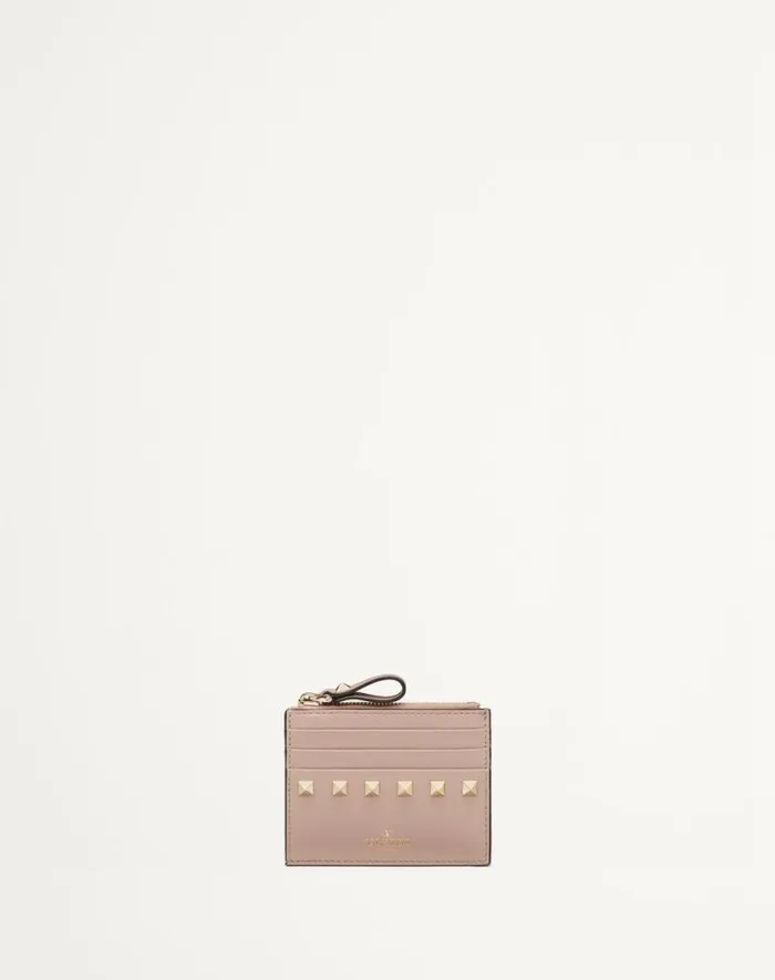 Valentino Wallets And Small Leather Goods Woman Rockstud Calfskin Cardholder With Zipper For Woman In Poudre Poudre Valentino Wallets And Small Leather Goods Woman Rockstud Calfskin Cardholder With Zipper For Woman In Poudre Poudre