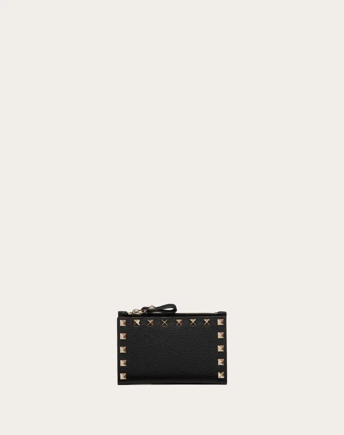 Valentino Wallets And Small Leather Goods Woman Rockstud Grainy Calfskin Cardholder With Zipper For Woman In Black Black
