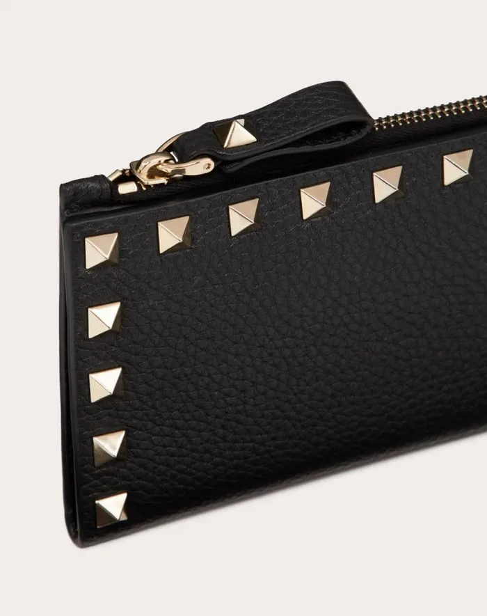 Valentino Wallets And Small Leather Goods Woman Rockstud Grainy Calfskin Cardholder With Zipper For Woman In Black Black Valentino Wallets And Small Leather Goods Woman Rockstud Grainy Calfskin Cardholder With Zipper For Woman In Black Black
