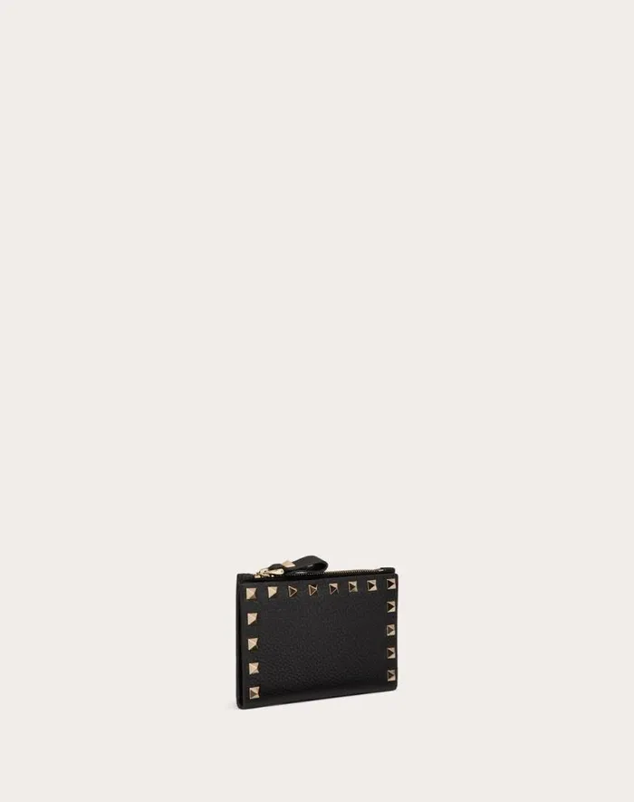 Valentino Wallets And Small Leather Goods Woman Rockstud Grainy Calfskin Cardholder With Zipper For Woman In Black Black Valentino Wallets And Small Leather Goods Woman Rockstud Grainy Calfskin Cardholder With Zipper For Woman In Black Black