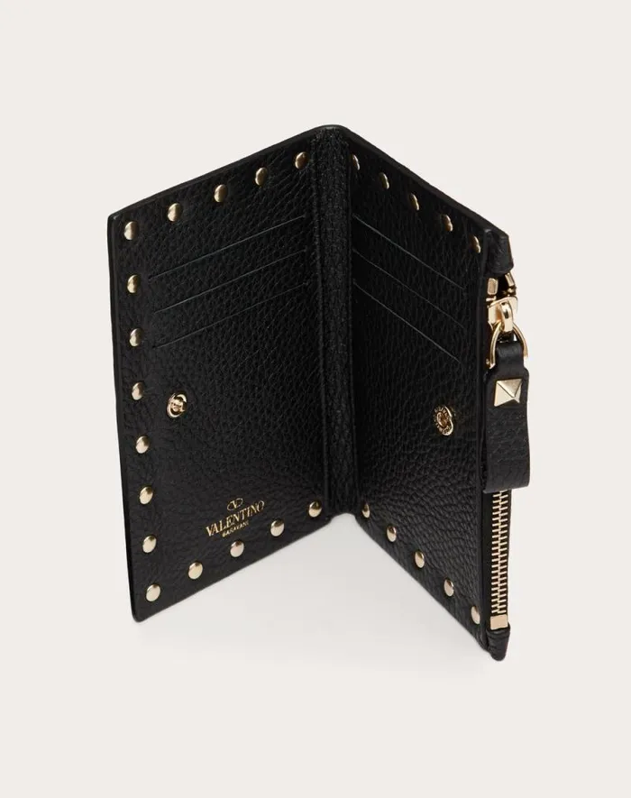 Valentino Wallets And Small Leather Goods Woman Rockstud Grainy Calfskin Cardholder With Zipper For Woman In Black Black Valentino Wallets And Small Leather Goods Woman Rockstud Grainy Calfskin Cardholder With Zipper For Woman In Black Black