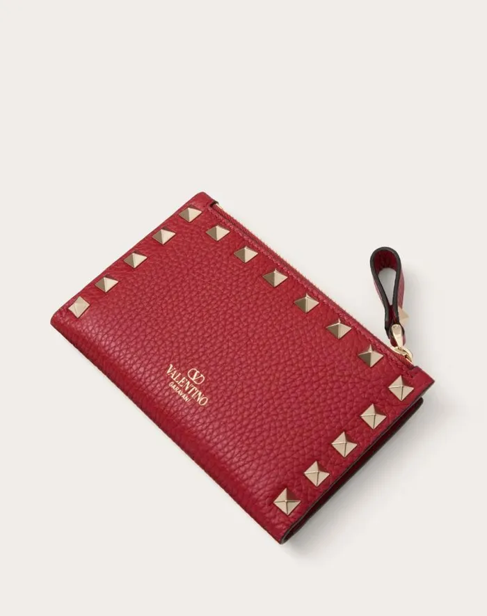 Valentino Wallets And Small Leather Goods Woman Rockstud Grainy Calfskin Cardholder With Zipper For Woman In Black Black Valentino Wallets And Small Leather Goods Woman Rockstud Grainy Calfskin Cardholder With Zipper For Woman In Black Black