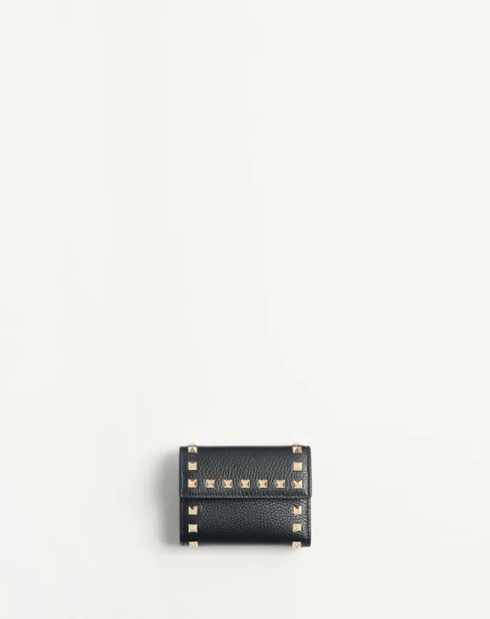 Valentino Wallets And Small Leather Goods Woman Rockstud Trifold Wallet In Grainy Calfskin For Woman In Black Black