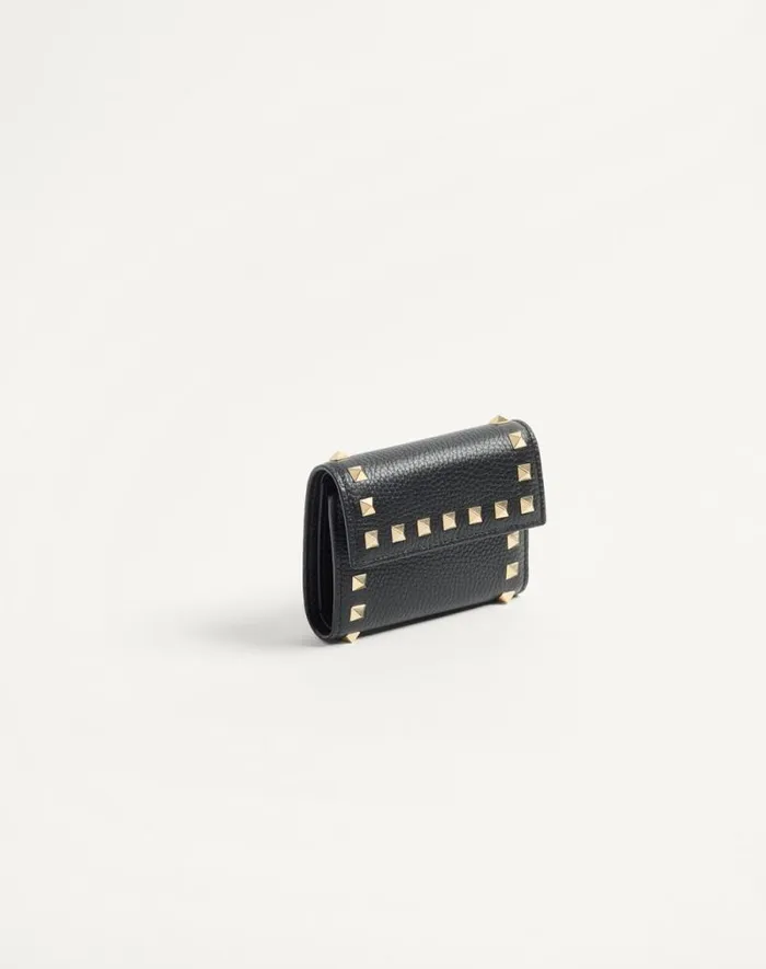 Valentino Wallets And Small Leather Goods Woman Rockstud Trifold Wallet In Grainy Calfskin For Woman In Black Black Valentino Wallets And Small Leather Goods Woman Rockstud Trifold Wallet In Grainy Calfskin For Woman In Black Black