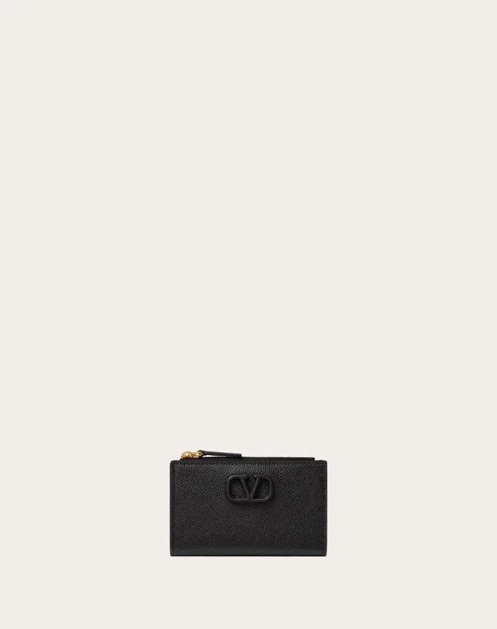 Valentino Wallets And Small Leather Goods Woman Vlogo Signature Grainy Calfskin Cardholder Wth Zipper For Woman In Black Black