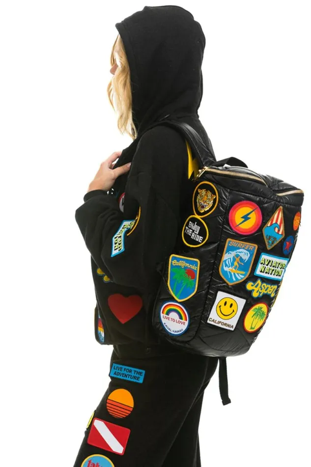 Vintage Patch Puffer Backpack 8211 Black Glossy WomenMen Aviator Nation Backpacks