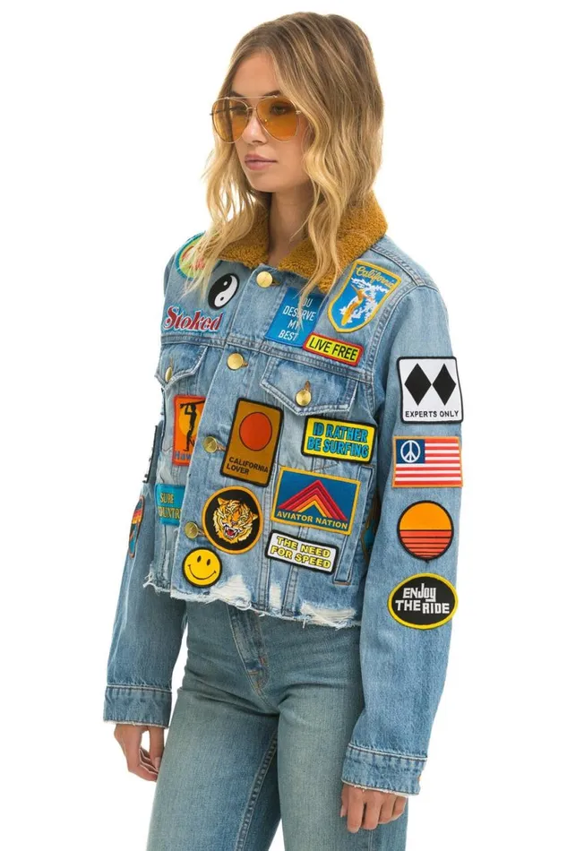 Vintage Patch Unisex Crop Denim Jacket 8211 Super Light WomenMen Aviator Nation Denim