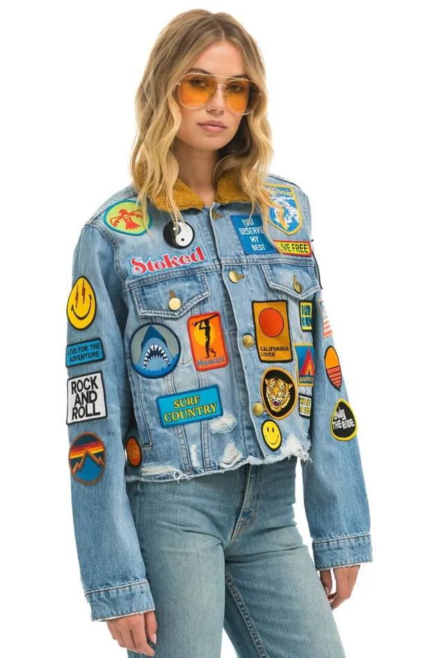 Vintage Patch Unisex Crop Denim Jacket 8211 Super Light WomenMen Aviator Nation Denim
