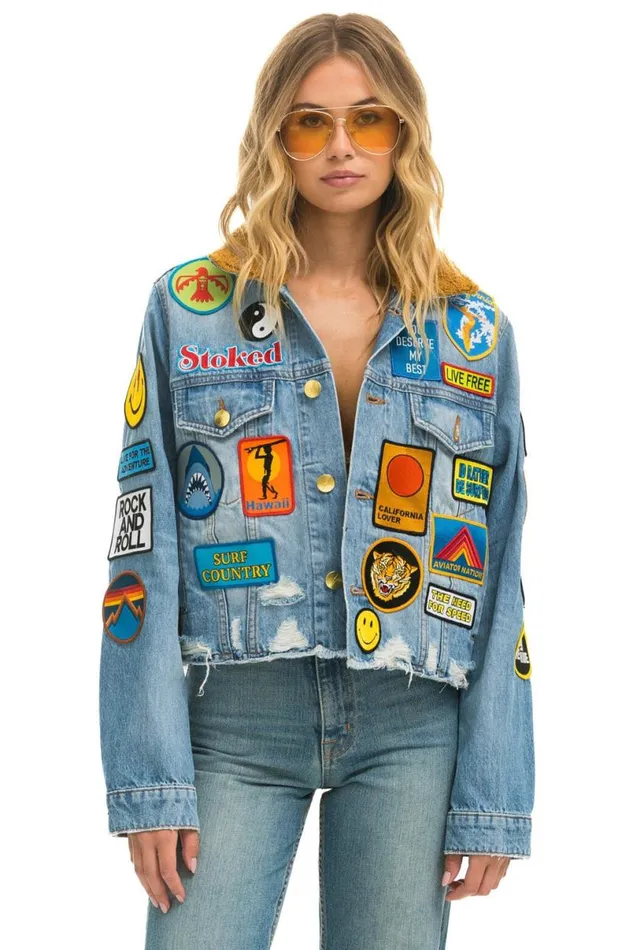 Vintage Patch Unisex Crop Denim Jacket 8211 Super Light WomenMen Aviator Nation Denim