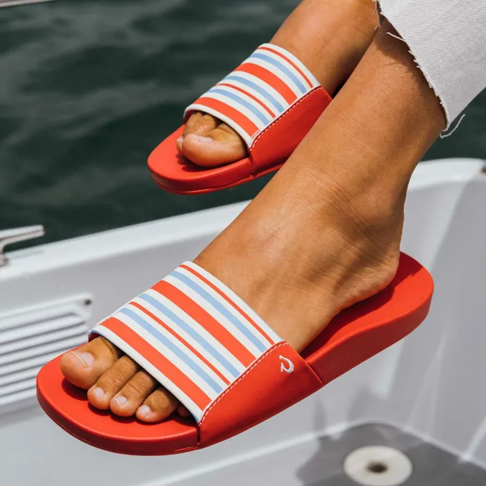 WaterFriendly Women Olukai Kpuni Slide Sandals 8211 Lehua Flower Stripe 8211 Color WaterFriendly Women Olukai Kpuni Slide Sandals 8211 Lehua Flower Stripe 8211 Color