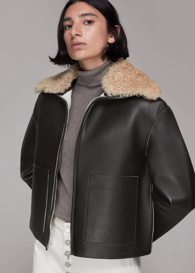 Whistles Coats and Jackets Black Bonded Shearling Collar Jacket 8211 Women