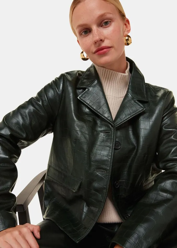 Whistles Coats and Jackets Dark Green Delia Croc Leather Jacket 8211 Women