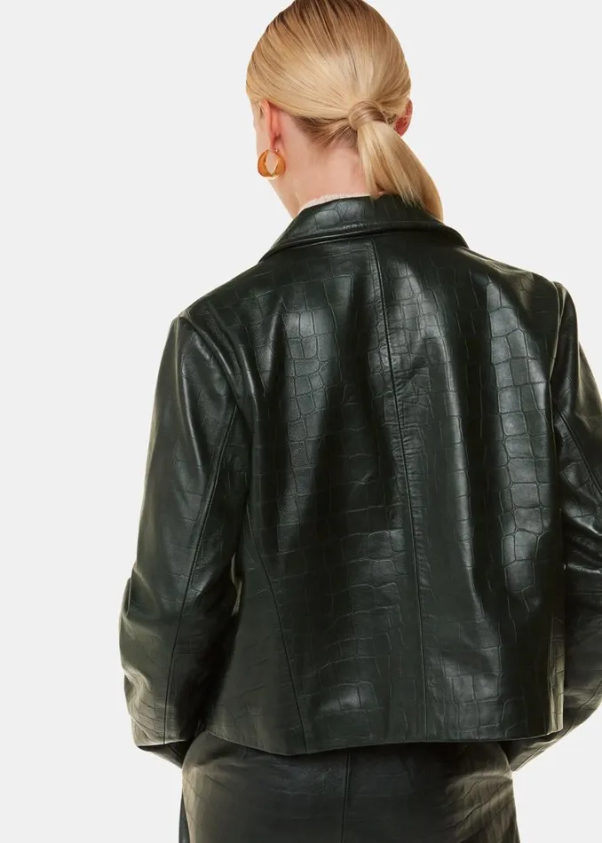 Whistles Coats and Jackets Dark Green Delia Croc Leather Jacket 8211 Women