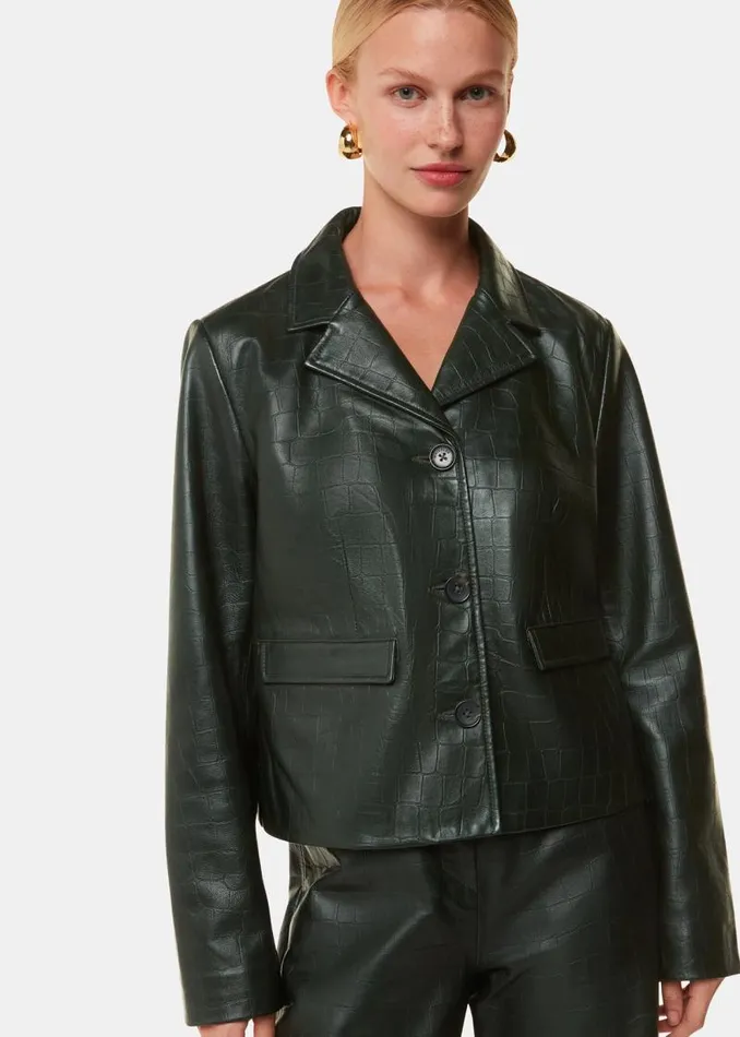 Whistles Coats and Jackets Dark Green Delia Croc Leather Jacket 8211 Women