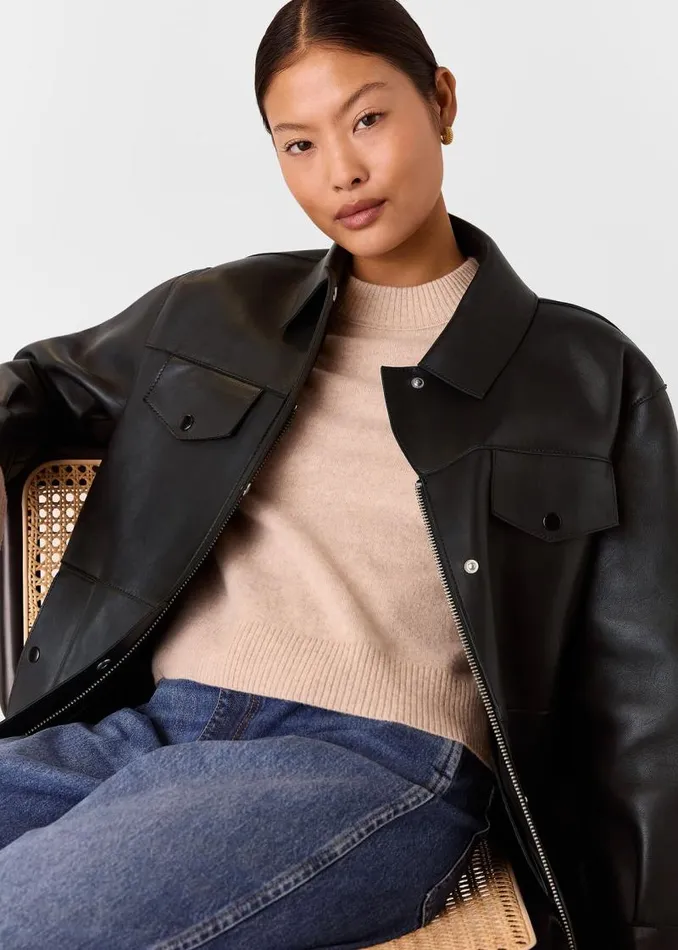 Whistles Petite Coats and Jackets Black Petite Clean Bonded Leather Jacket 8211 Women