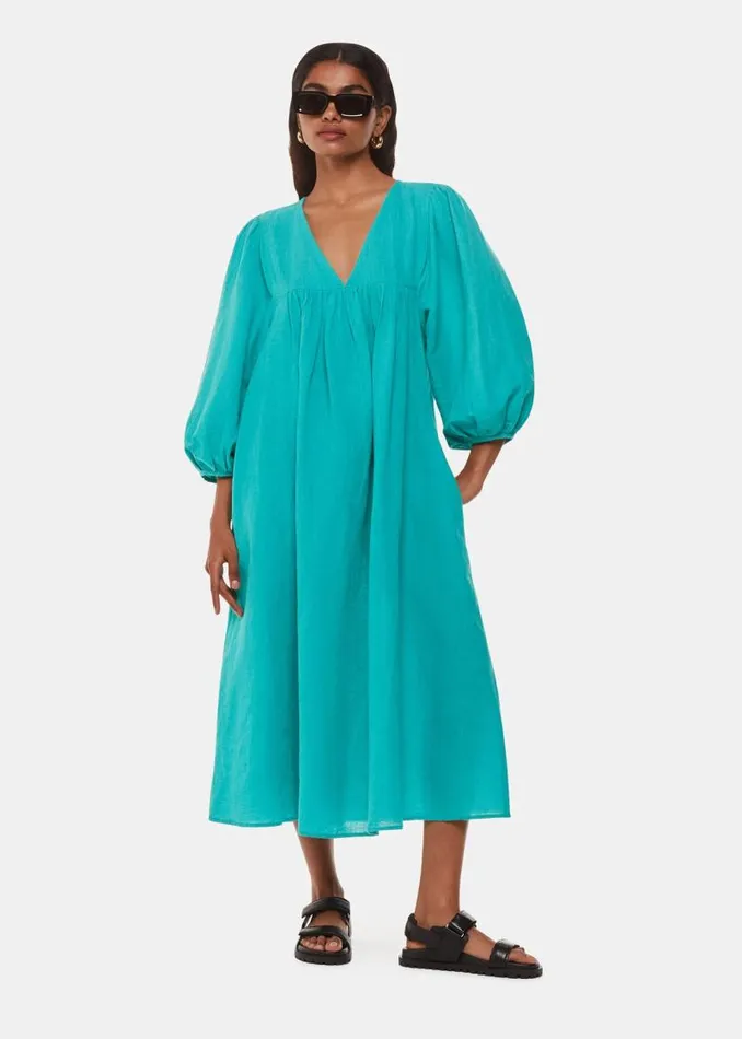 Whistles Petite Dresses and Jumpsuits Turquoise Petite Gloria Linen Blend Dress 8211 Women