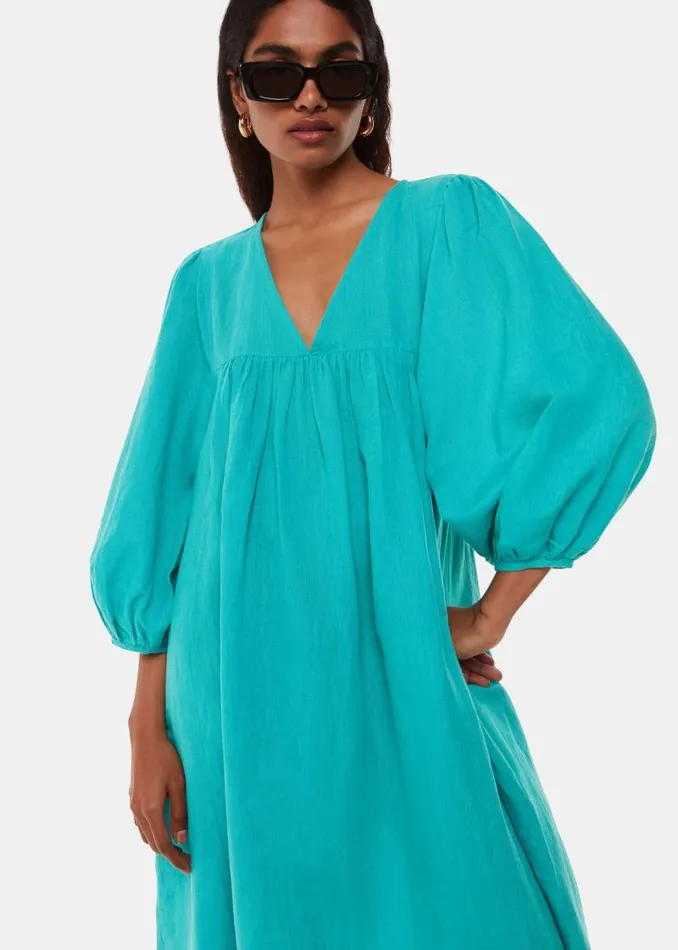 Whistles Petite Dresses and Jumpsuits Turquoise Petite Gloria Linen Blend Dress 8211 Women