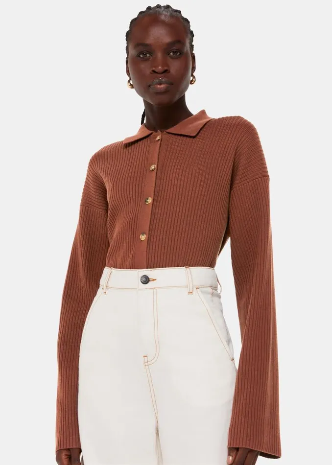 Whistles Sweaters and Cashmere Brown Rib Collar Cardigan 8211 Women